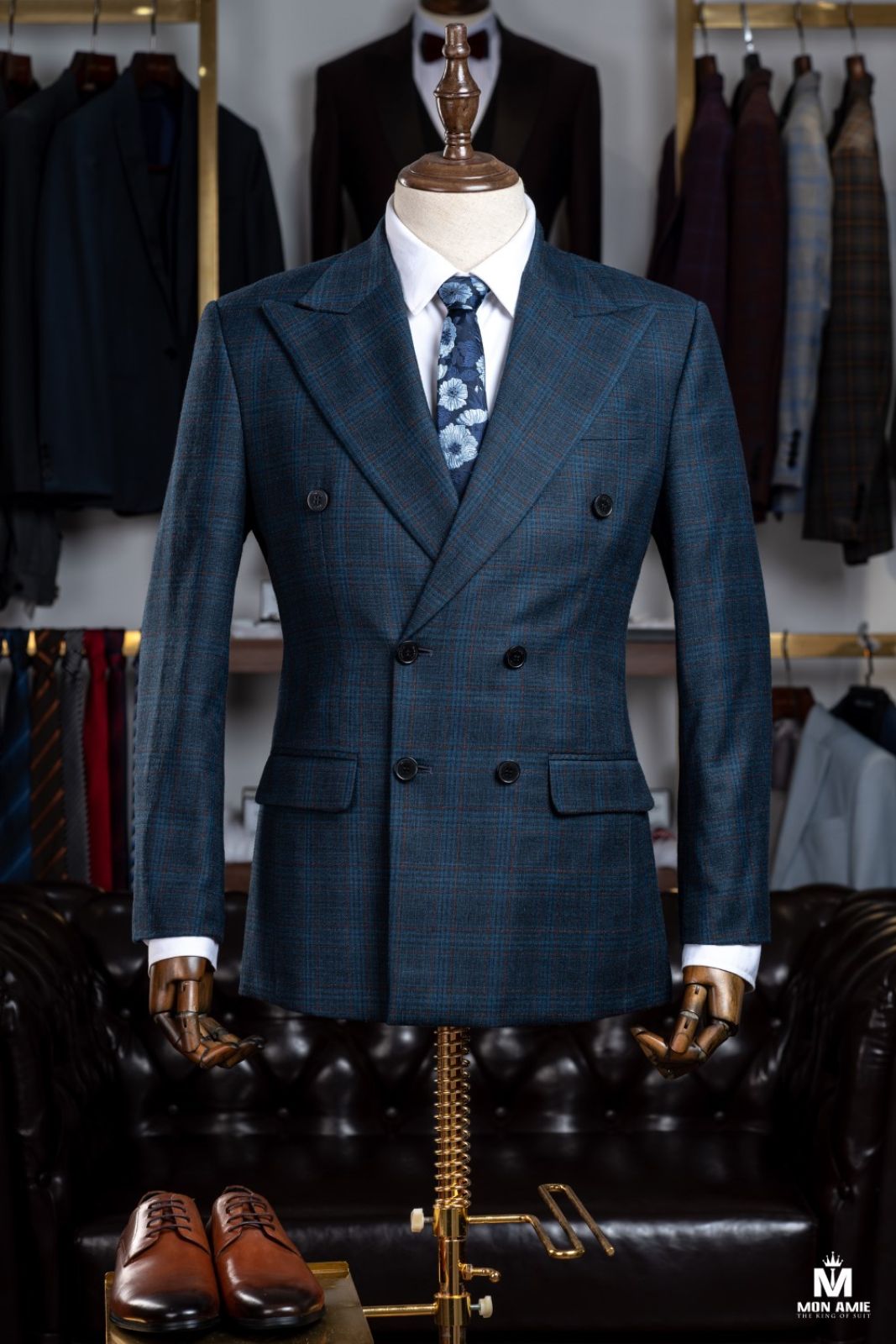 Double Breast Subtle Plaid Prussian Blue Suit 